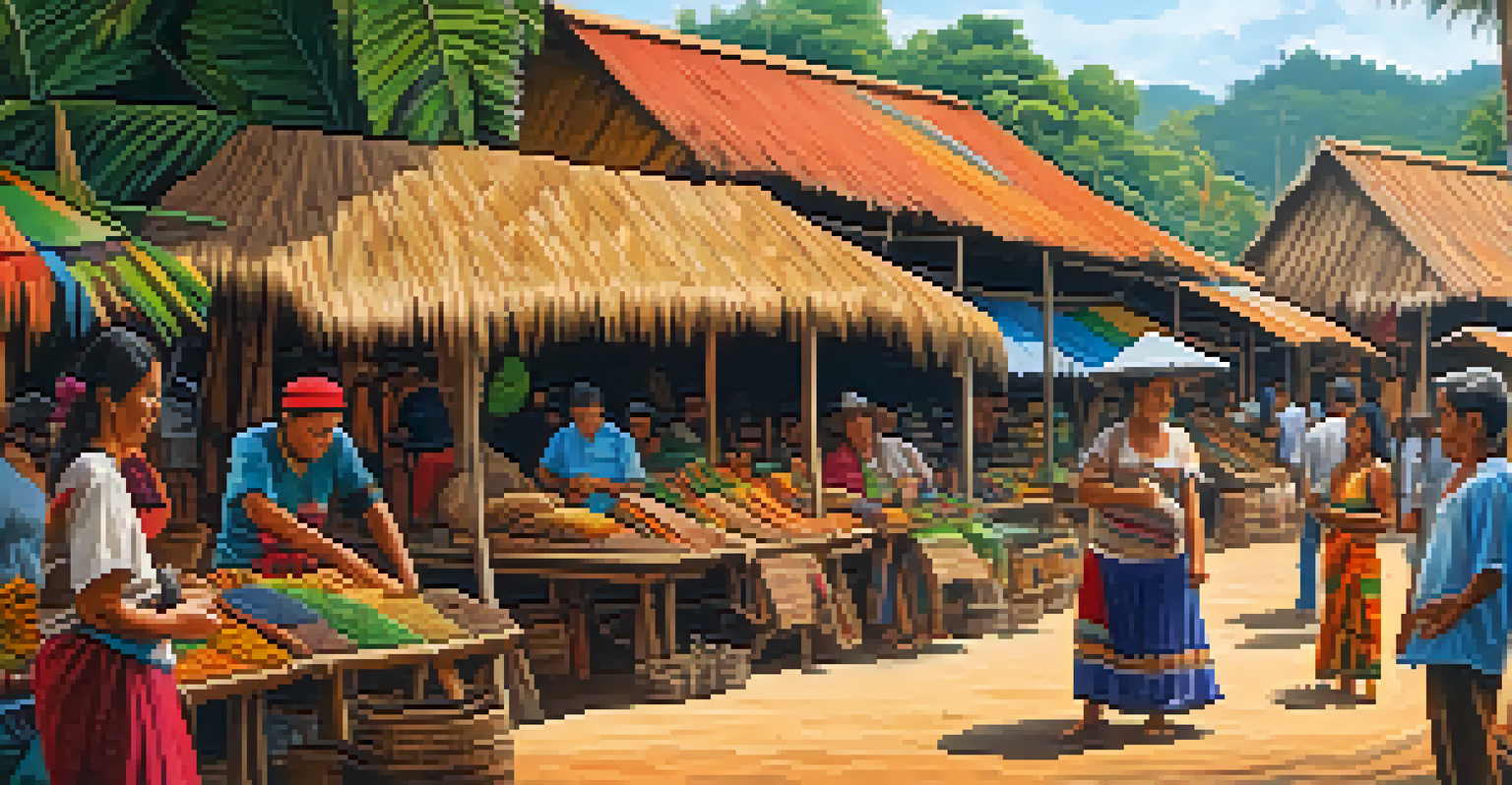 A lively market in an Amazon village, with local artisans selling crafts and Ayahuasca items, under a bright tropical sun.
