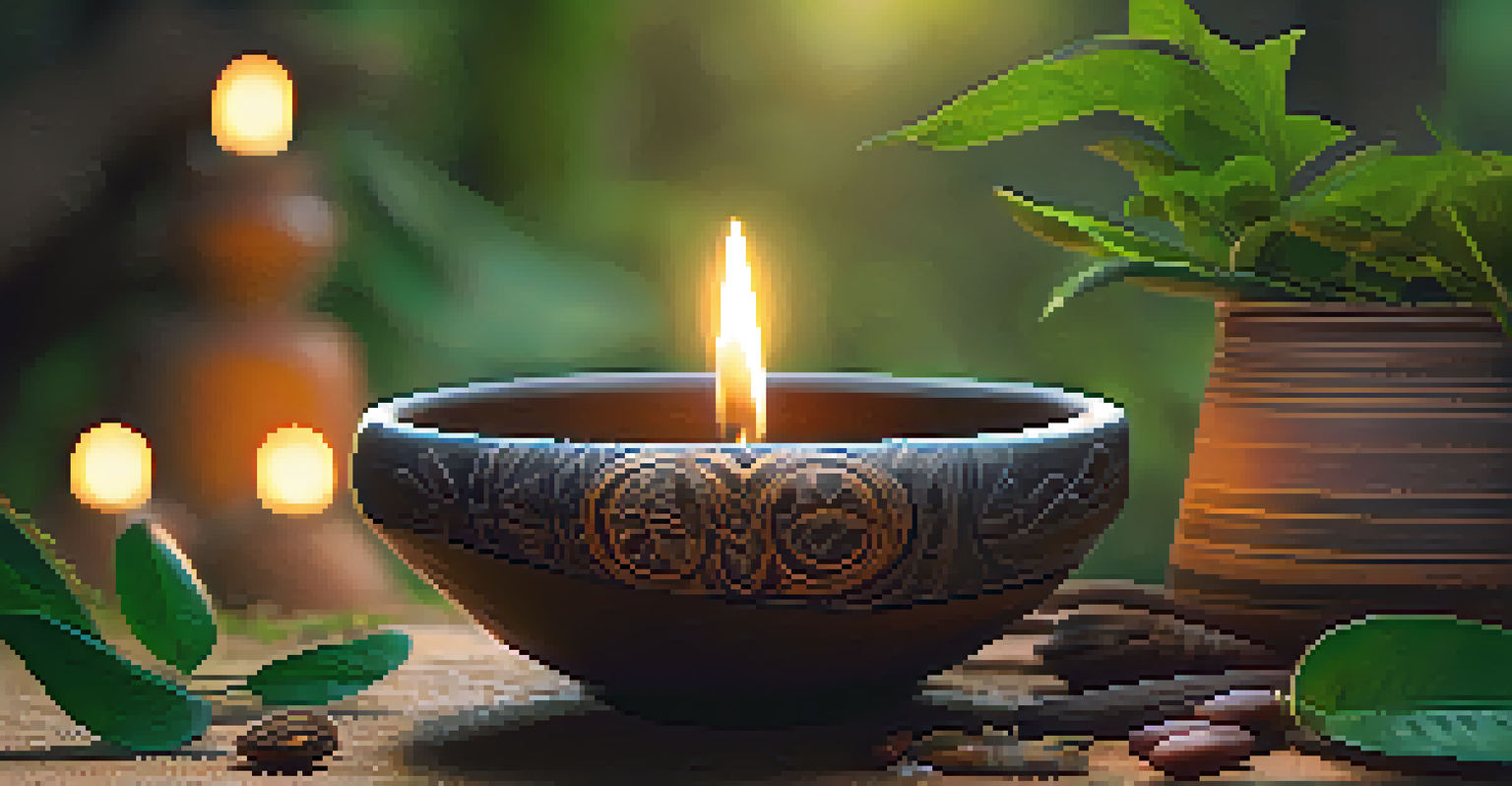 A close-up of Ayahuasca brew in a clay bowl with natural elements like leaves and flowers surrounding it.