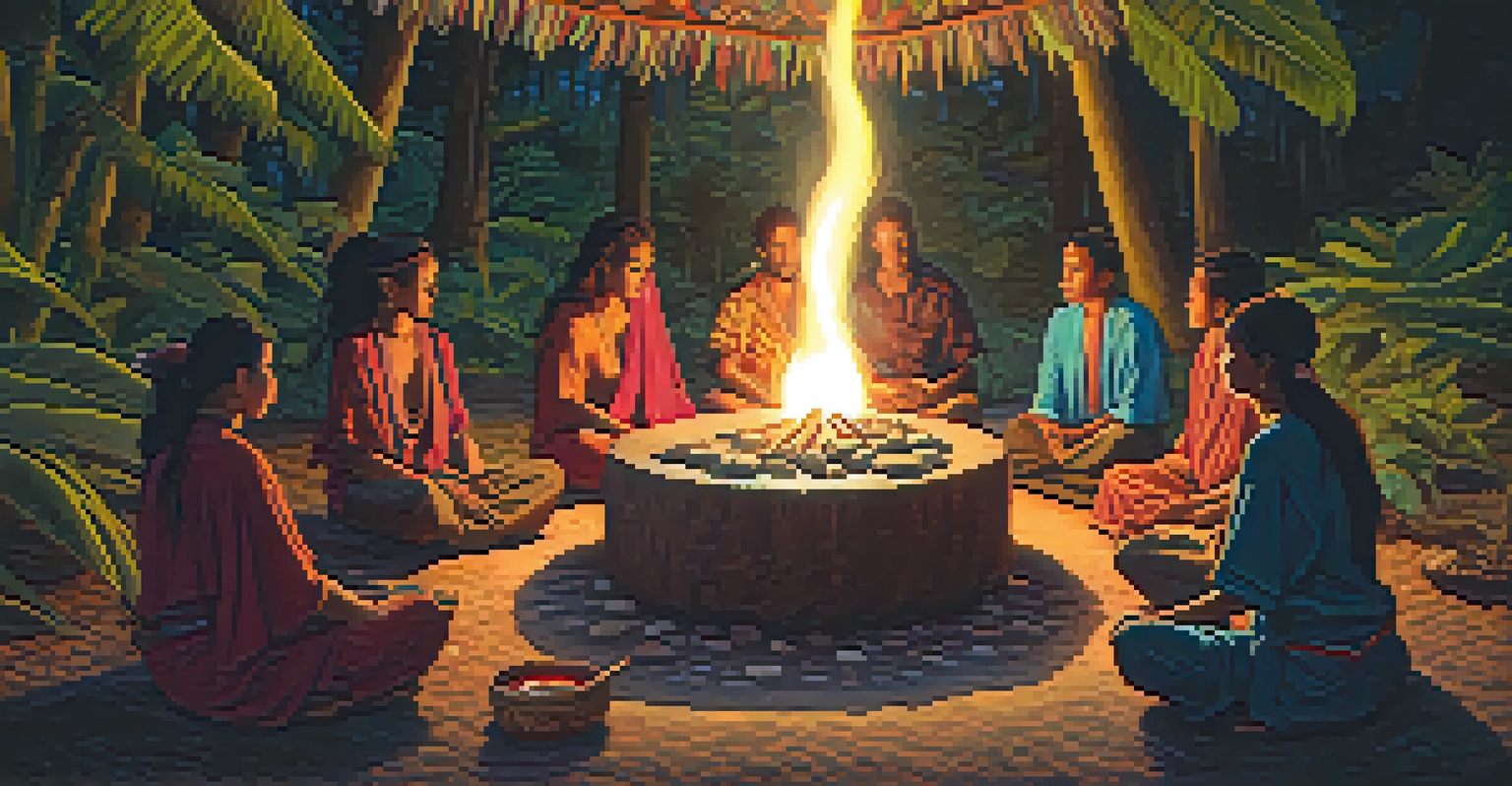 A cozy ayahuasca ceremony with participants in meditation around a fire, surrounded by jungle and starry night sky.