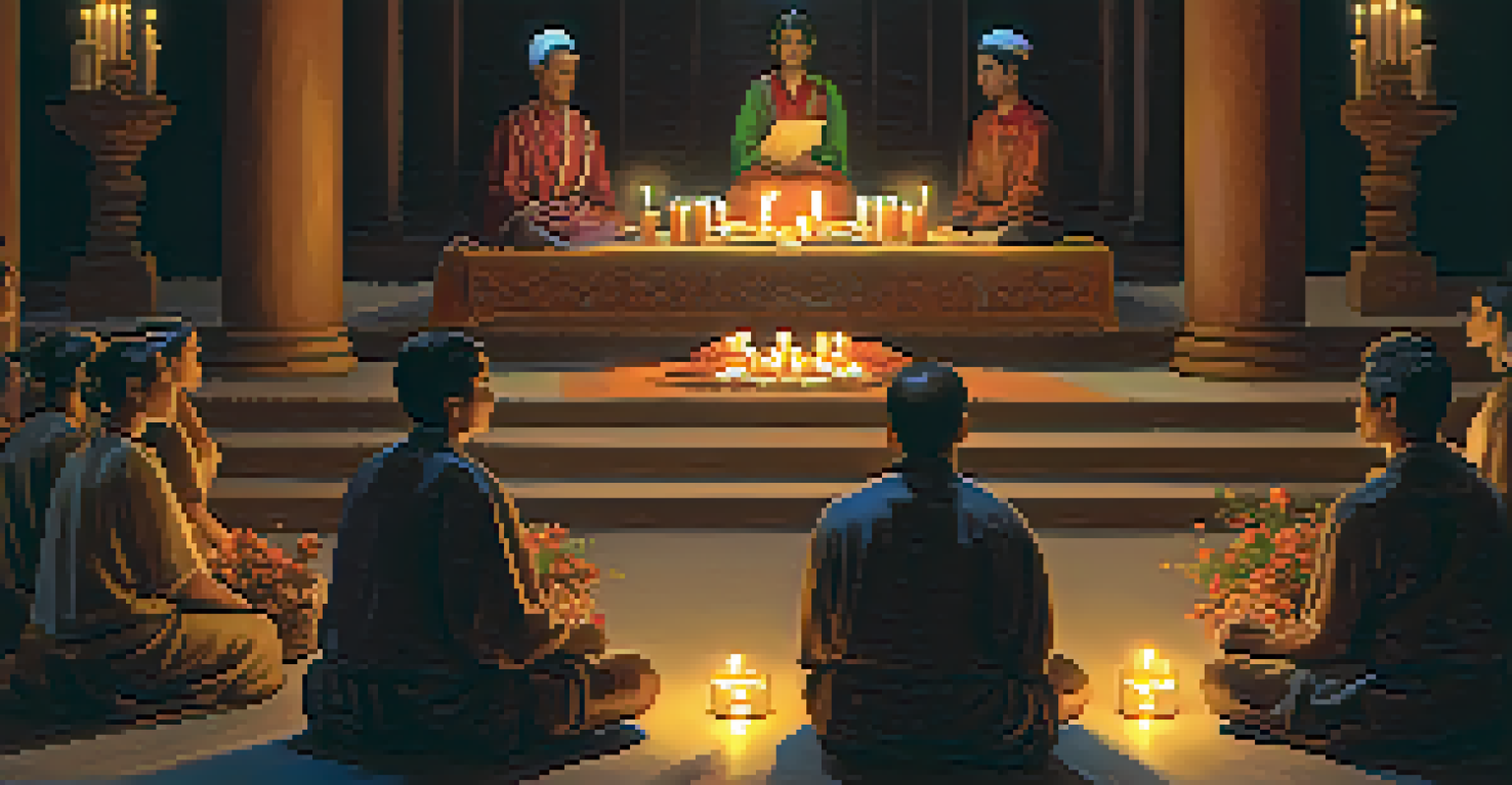 A group of individuals in a candlelit ceremonial space, reflecting together with an altar in the center.