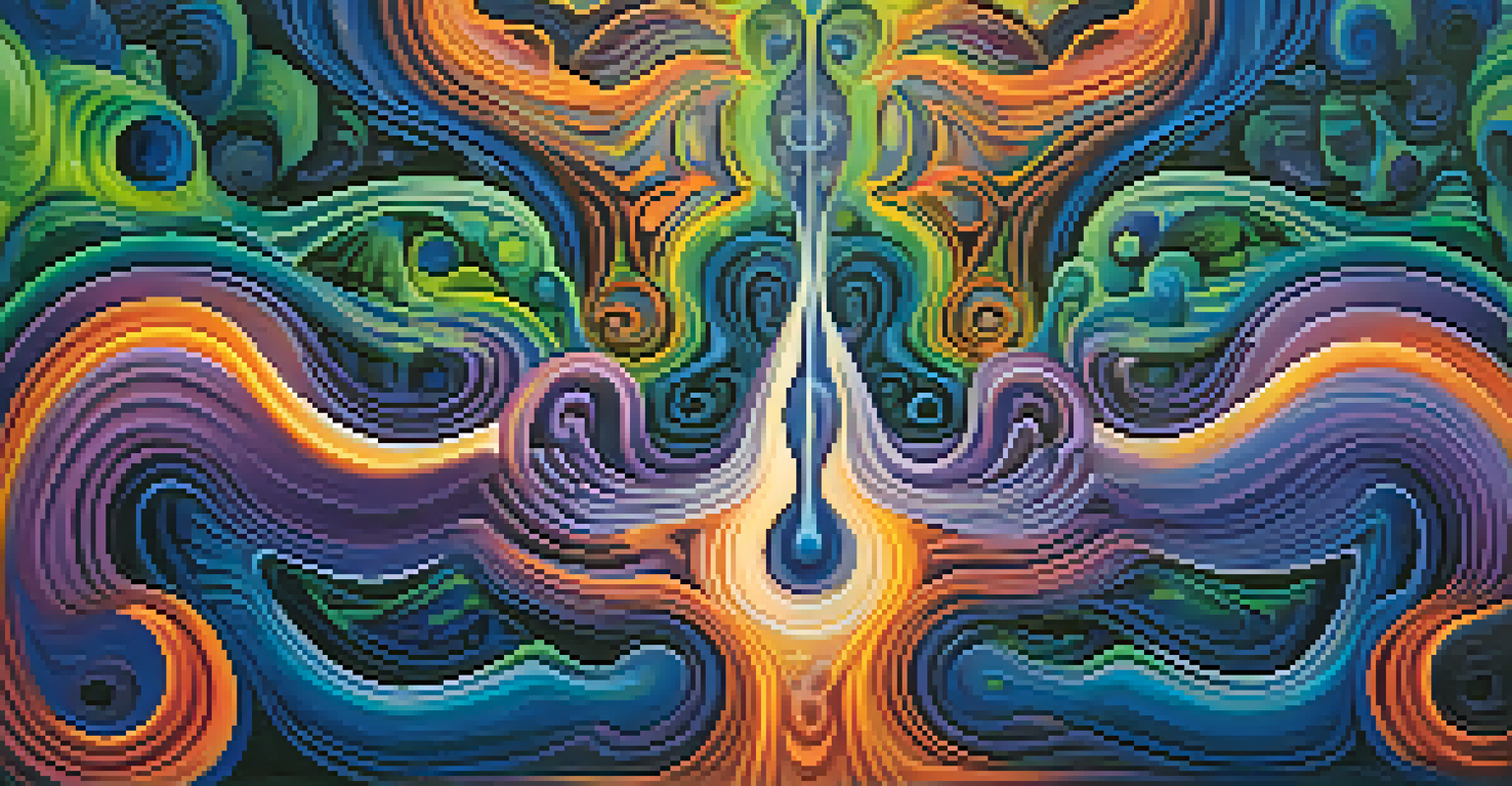 An abstract image depicting the psychological journey of an ayahuasca experience with vibrant colors and swirling shapes.