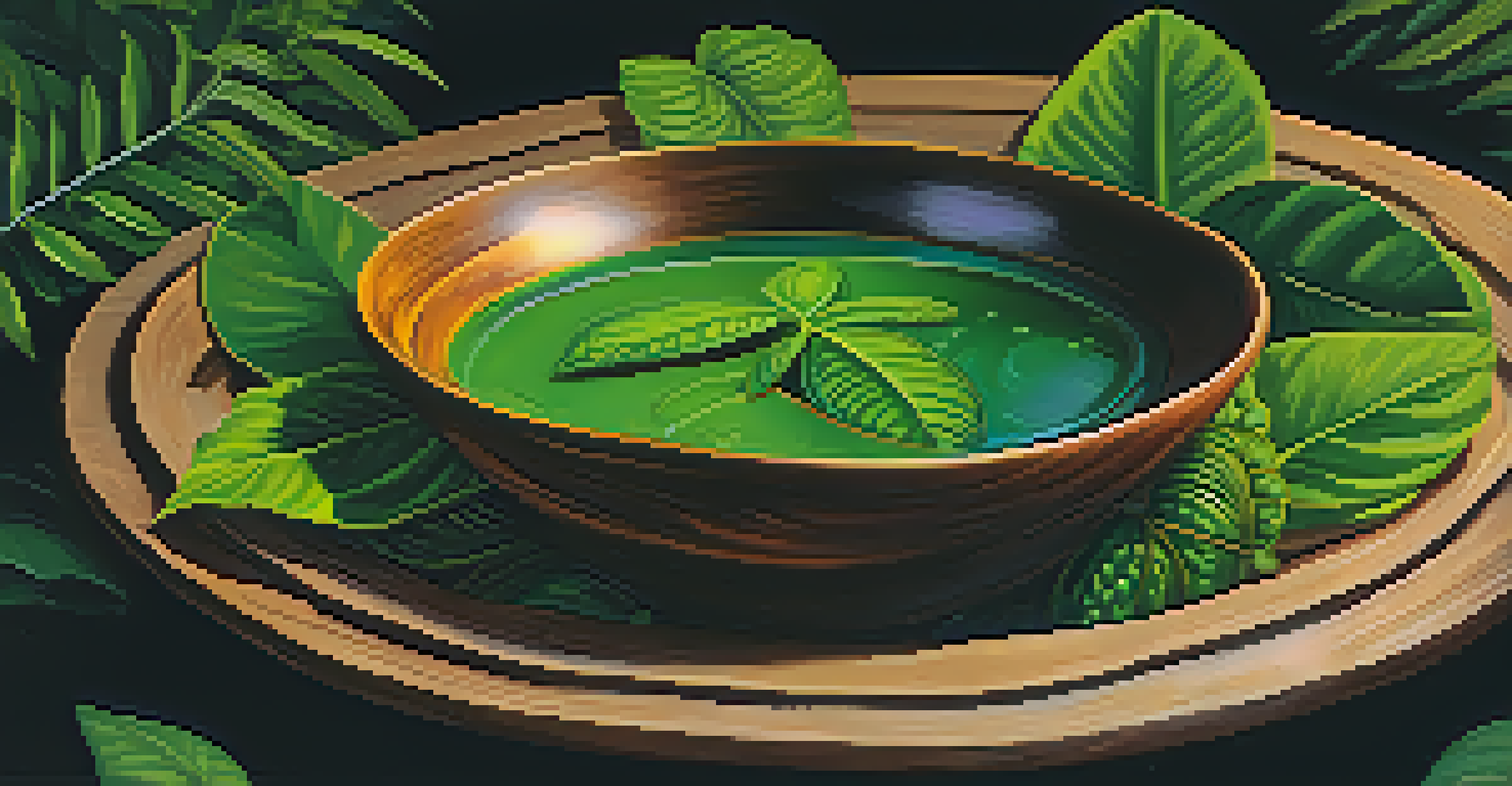 A close-up of Ayahuasca brew in a wooden bowl surrounded by leaves and herbs.