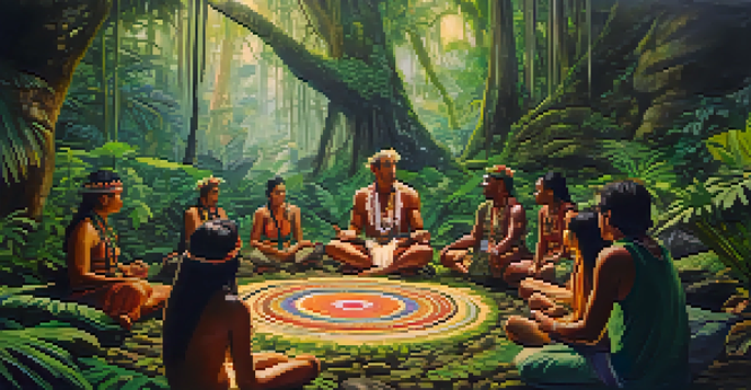 A peaceful scene of an Ayahuasca ceremony in the Amazon rainforest, with participants sitting in a circle and a shaman leading the ceremony amidst lush greenery.