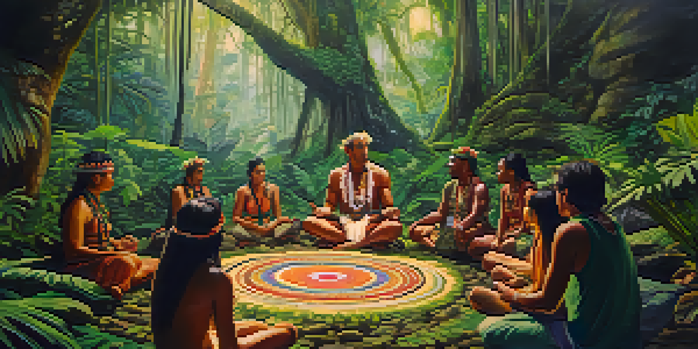A peaceful scene of an Ayahuasca ceremony in the Amazon rainforest, with participants sitting in a circle and a shaman leading the ceremony amidst lush greenery.