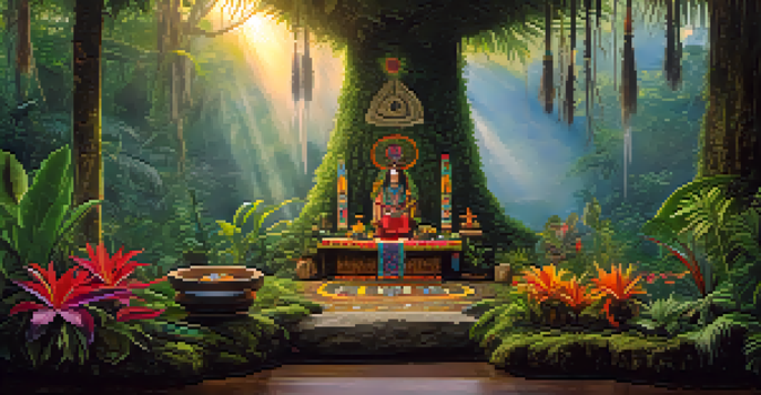 A peaceful Amazon rainforest at dawn with mist, sunlight, and a ceremonial altar featuring flowers and Ayahuasca plants.