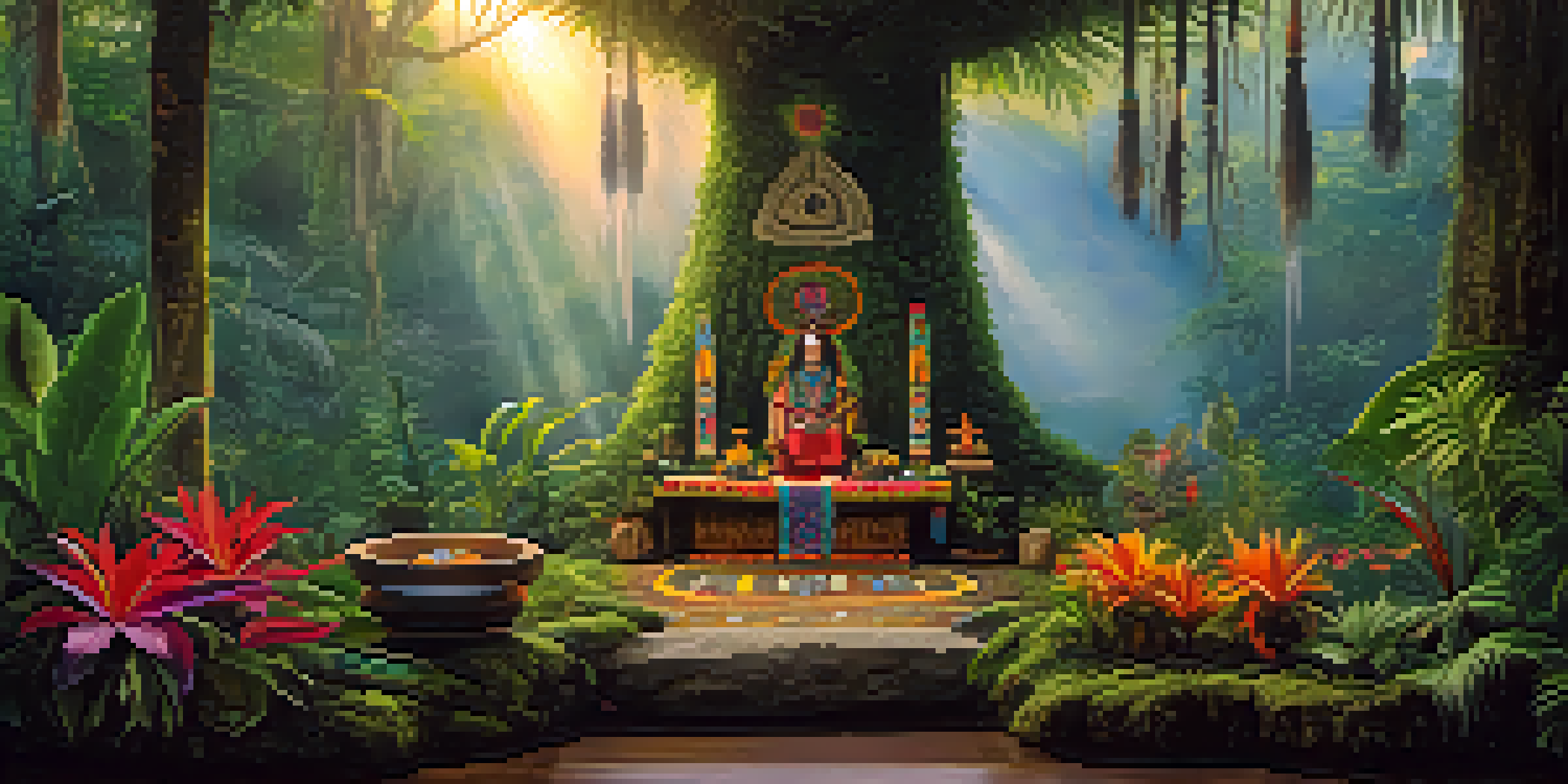 A peaceful Amazon rainforest at dawn with mist, sunlight, and a ceremonial altar featuring flowers and Ayahuasca plants.