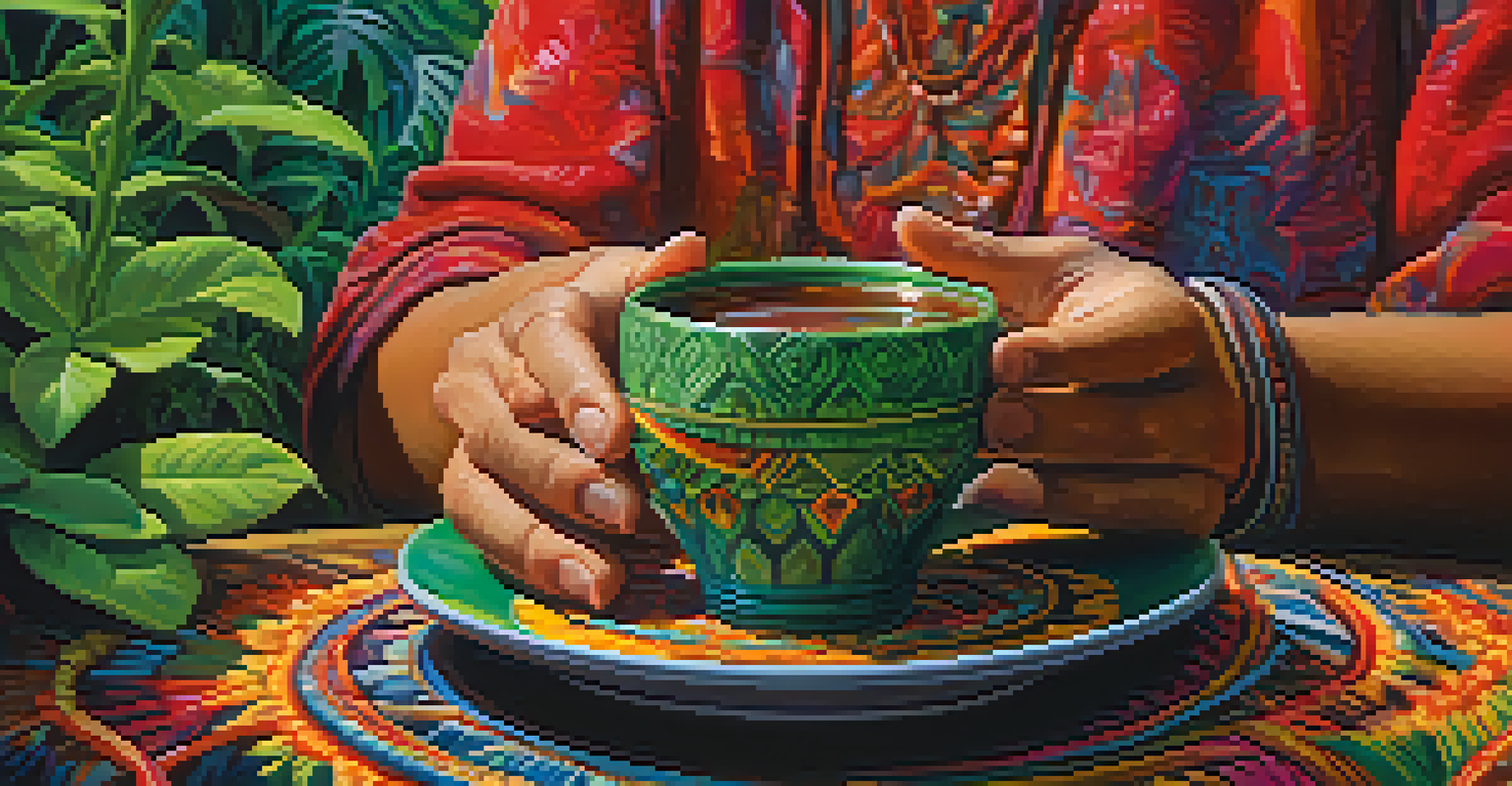 A close-up of hands holding a cup of Ayahuasca brew with green plants and flowers in the background.