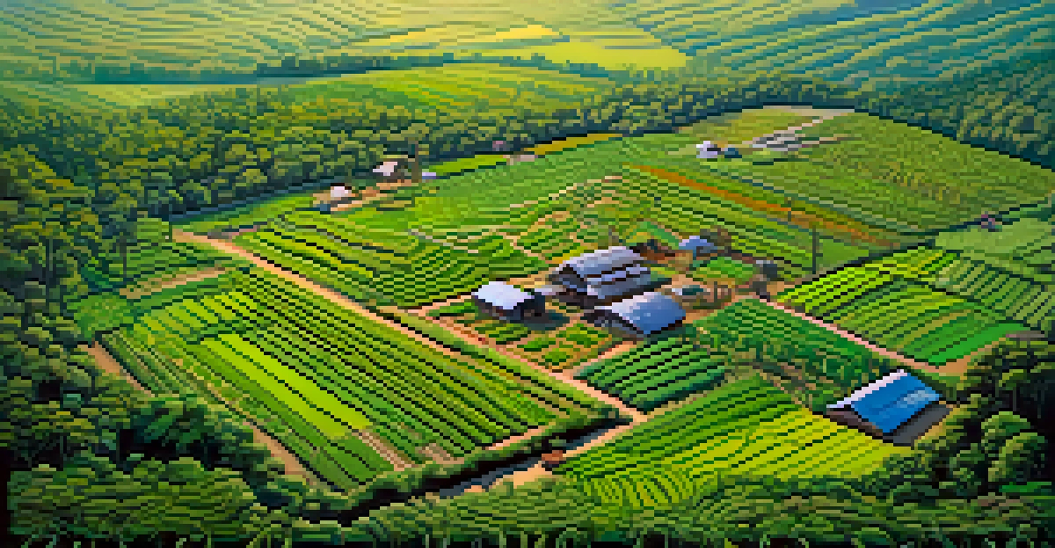 An aerial view of a sustainable ayahuasca farm displaying rows of crops and native plants under a clear blue sky.