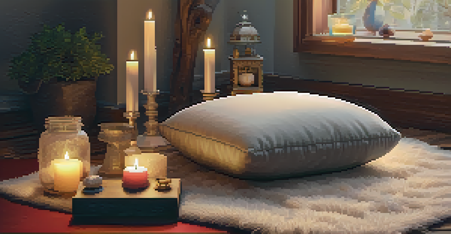 A peaceful meditation space with a cushion, candles, crystals, and an altar, illuminated by warm soft lighting.
