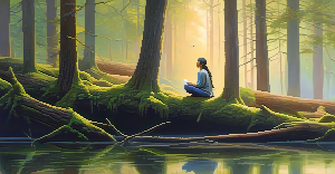 A person sitting cross-legged on a mossy log in a forest at dawn, practicing mindfulness amidst soft golden light and mist.