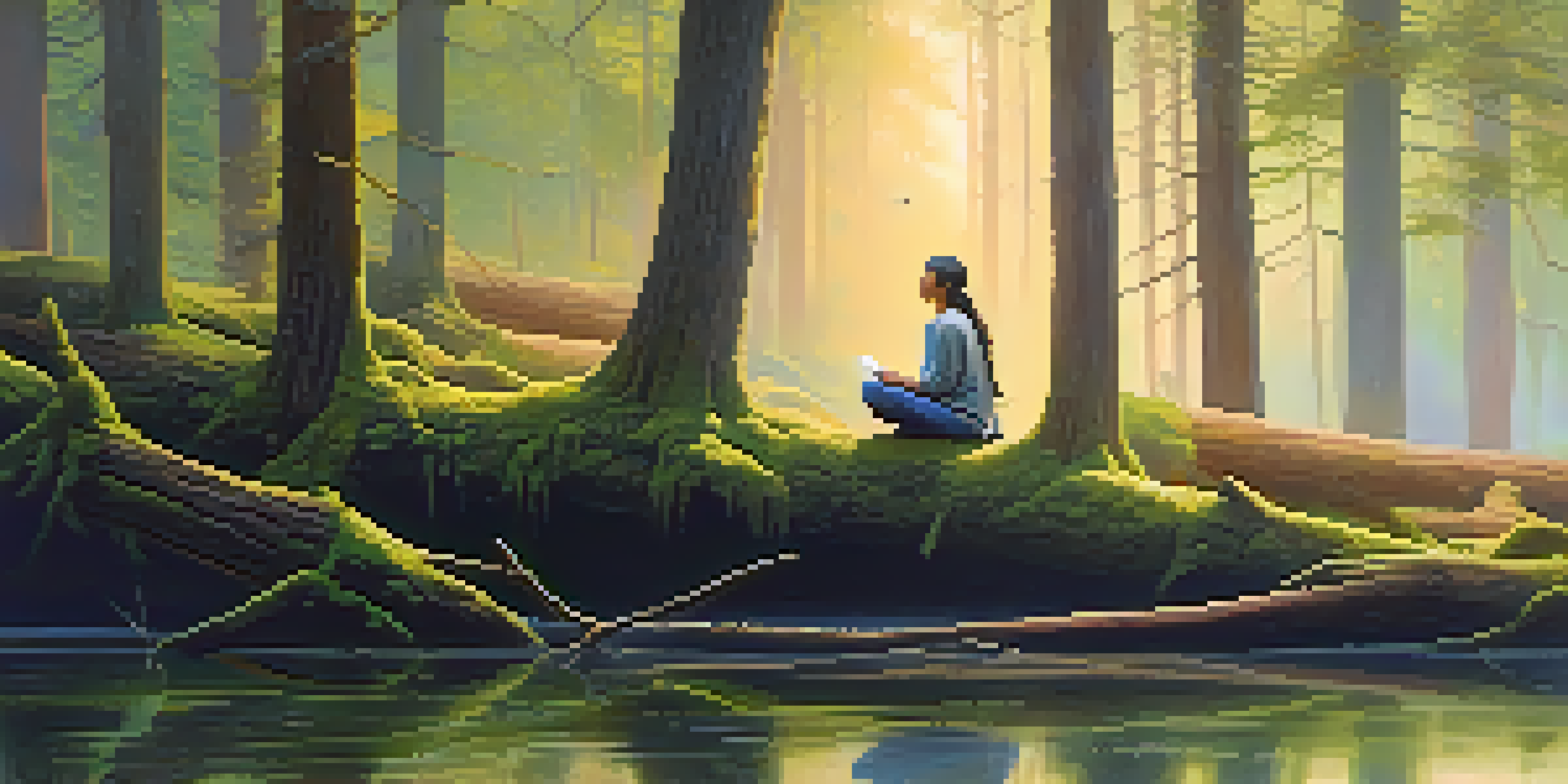 A person sitting cross-legged on a mossy log in a forest at dawn, practicing mindfulness amidst soft golden light and mist.
