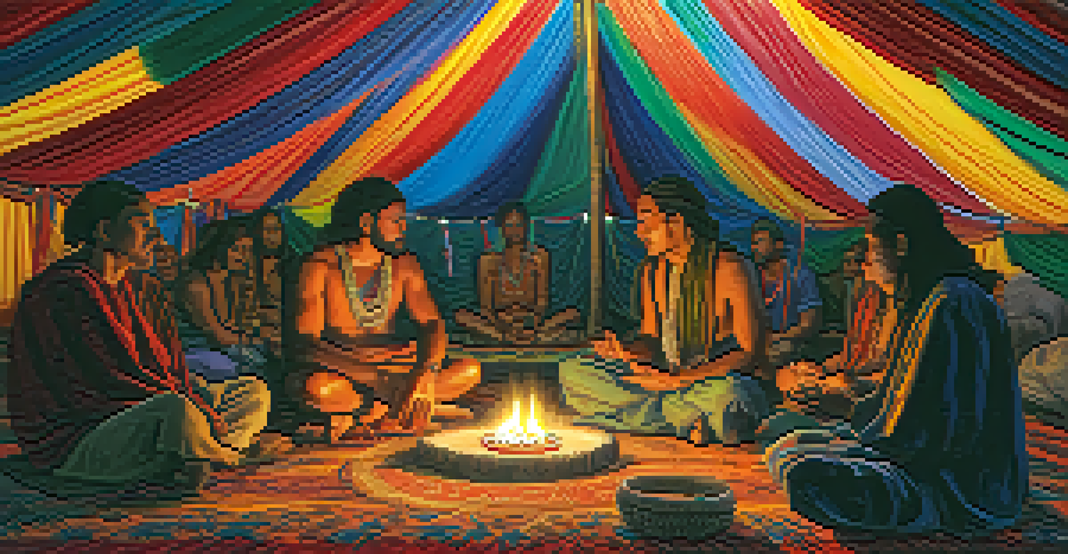Participants in a meditative state during an Ayahuasca ceremony, inside a tent with colorful fabrics and candles.