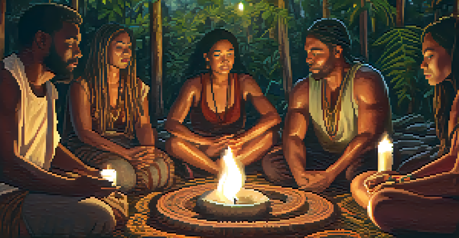 Diverse individuals in a circle during an Ayahuasca ceremony, displaying introspective expressions in a warm, cozy setting with candles.
