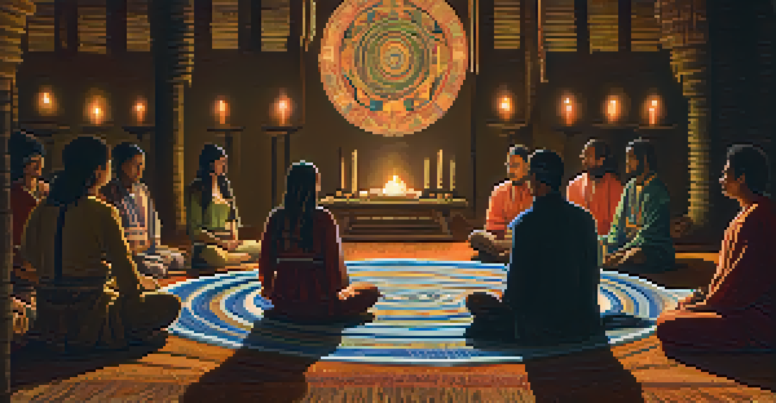 A close-up view of participants in an Ayahuasca ceremony seated in a dimly lit room, surrounded by candles and sacred objects, conveying a sense of calm and introspection.