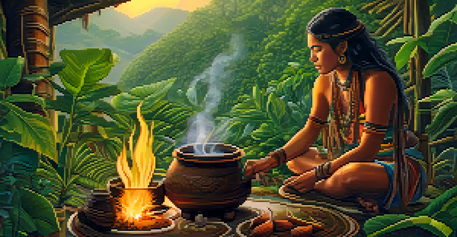 The Ayahuasca brew being prepared in a traditional setting, with a pot over a fire and raw ingredients like the Banisteriopsis caapi vine, surrounded by lush greenery.
