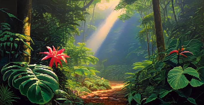 A tranquil jungle scene featuring the Banisteriopsis caapi vine and colorful flowers, illuminated by soft morning light with mist in the air.