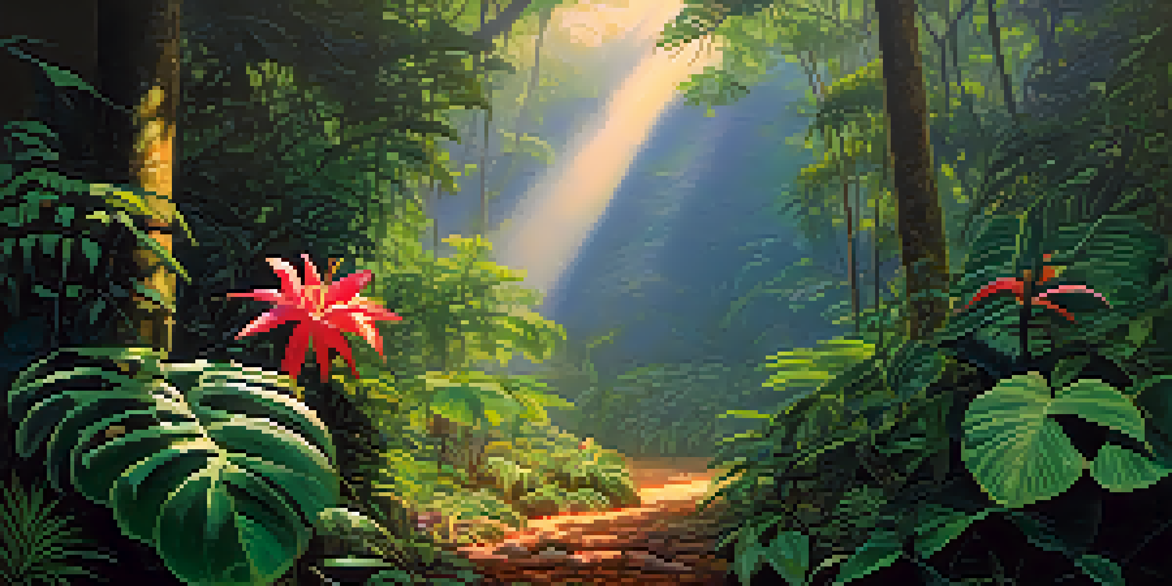 A tranquil jungle scene featuring the Banisteriopsis caapi vine and colorful flowers, illuminated by soft morning light with mist in the air.