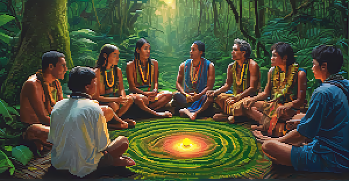 A tranquil gathering for an Ayahuasca ceremony in the Amazon, with a shaman and participants surrounded by dense greenery and warm light.