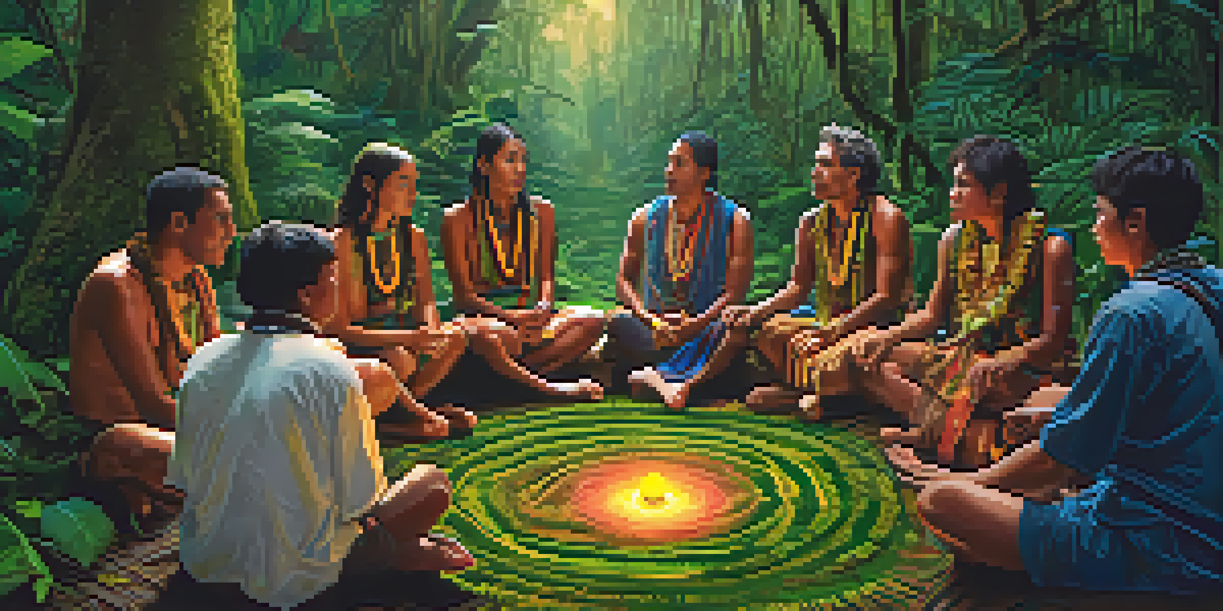 A tranquil gathering for an Ayahuasca ceremony in the Amazon, with a shaman and participants surrounded by dense greenery and warm light.