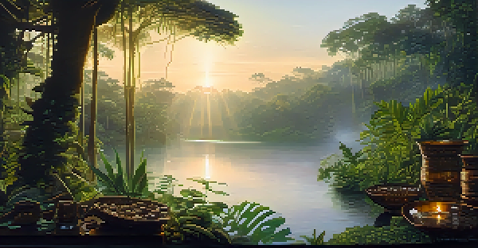 A peaceful Amazon rainforest at dawn with a winding river and lush greenery, featuring a traditional Ayahuasca ceremony setup in the foreground.