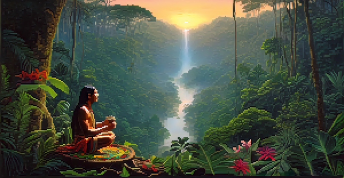 A traditional shaman holding a bowl of Ayahuasca in a tranquil Amazon rainforest at dusk, with golden light filtering through the trees.