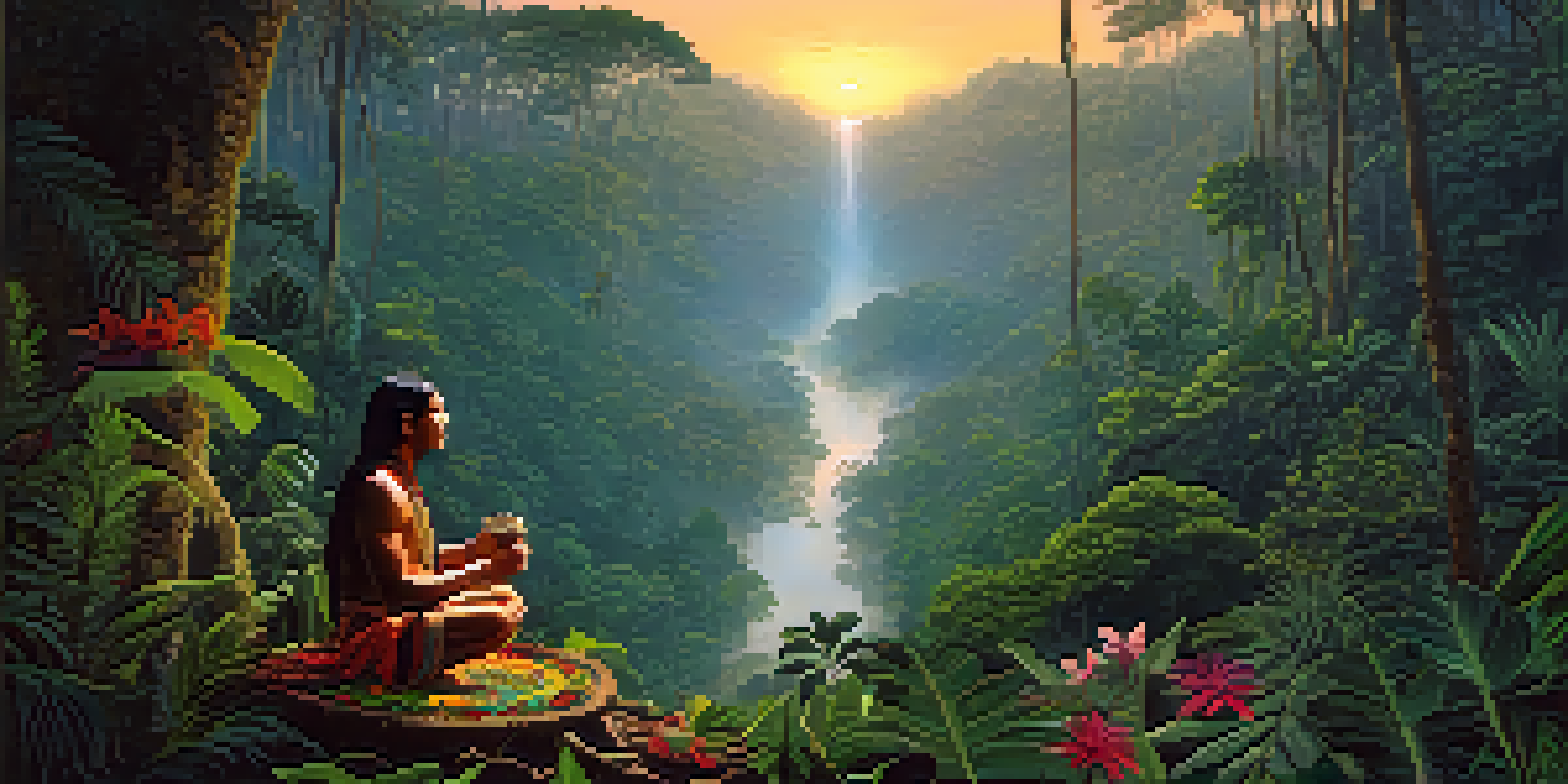 A traditional shaman holding a bowl of Ayahuasca in a tranquil Amazon rainforest at dusk, with golden light filtering through the trees.