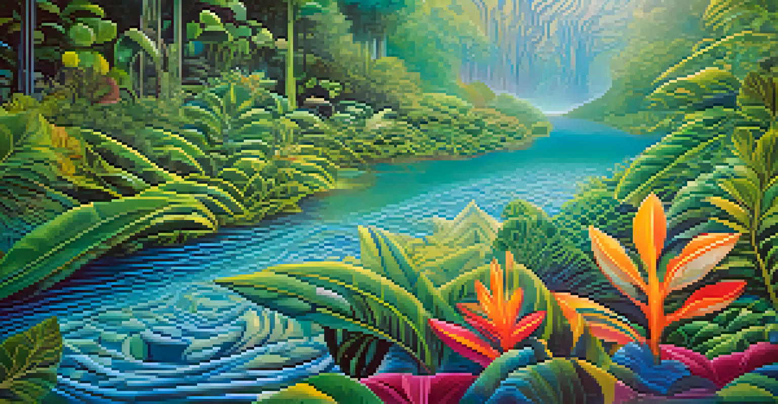 An abstract landscape inspired by ayahuasca visions, with vibrant swirling colors, feathers, and geometric shapes against a soft gradient background of blues and greens.