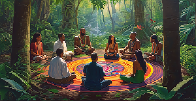 A peaceful jungle setting with people sitting in a circle during an ayahuasca ceremony, surrounded by greenery and soft sunlight.