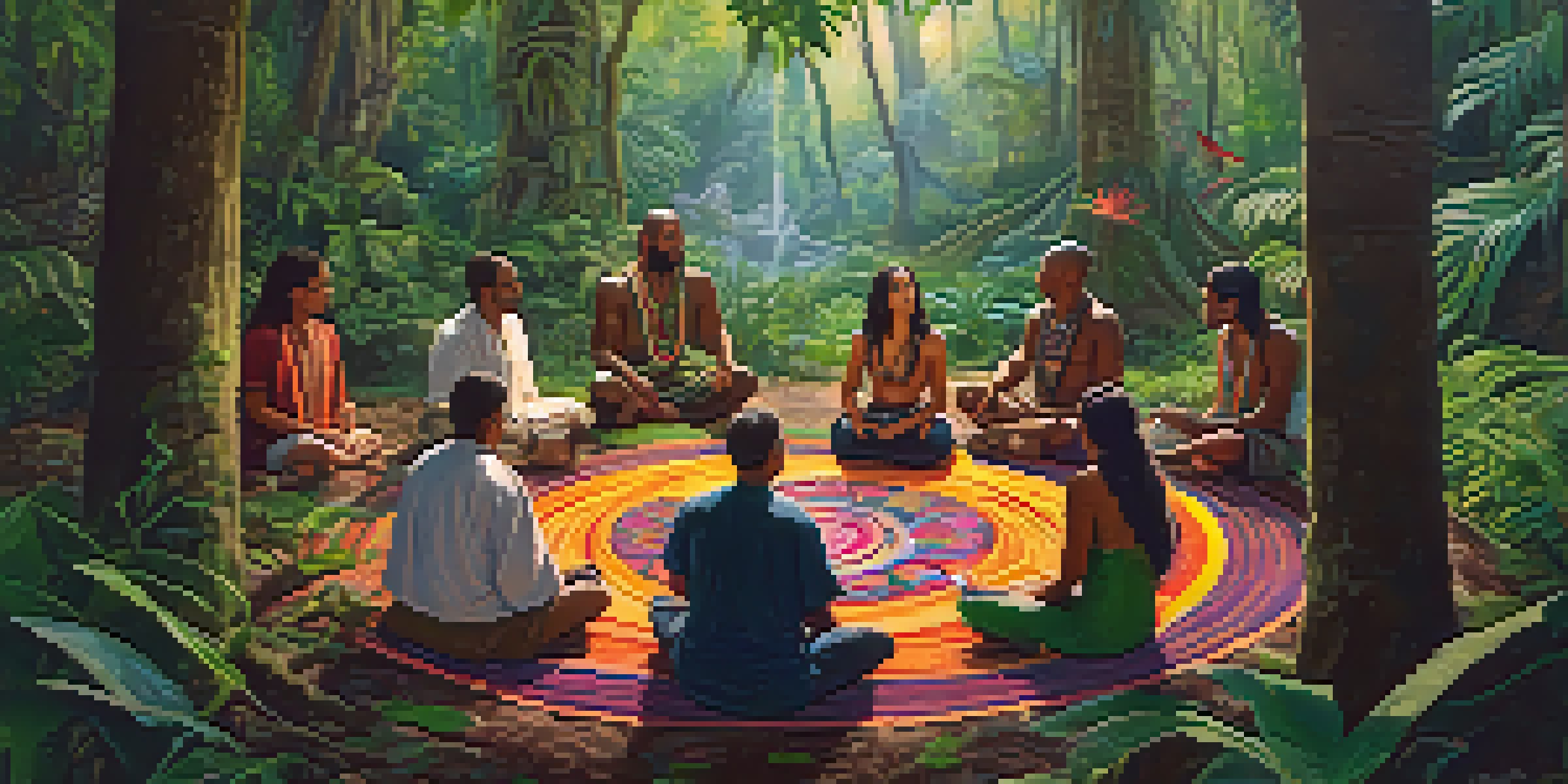 A peaceful jungle setting with people sitting in a circle during an ayahuasca ceremony, surrounded by greenery and soft sunlight.