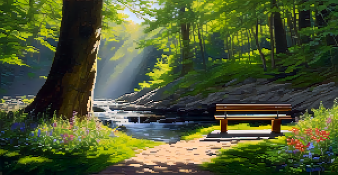 A peaceful forest scene with sunlight filtering through trees, a gentle stream, and a wooden bench surrounded by flowers.
