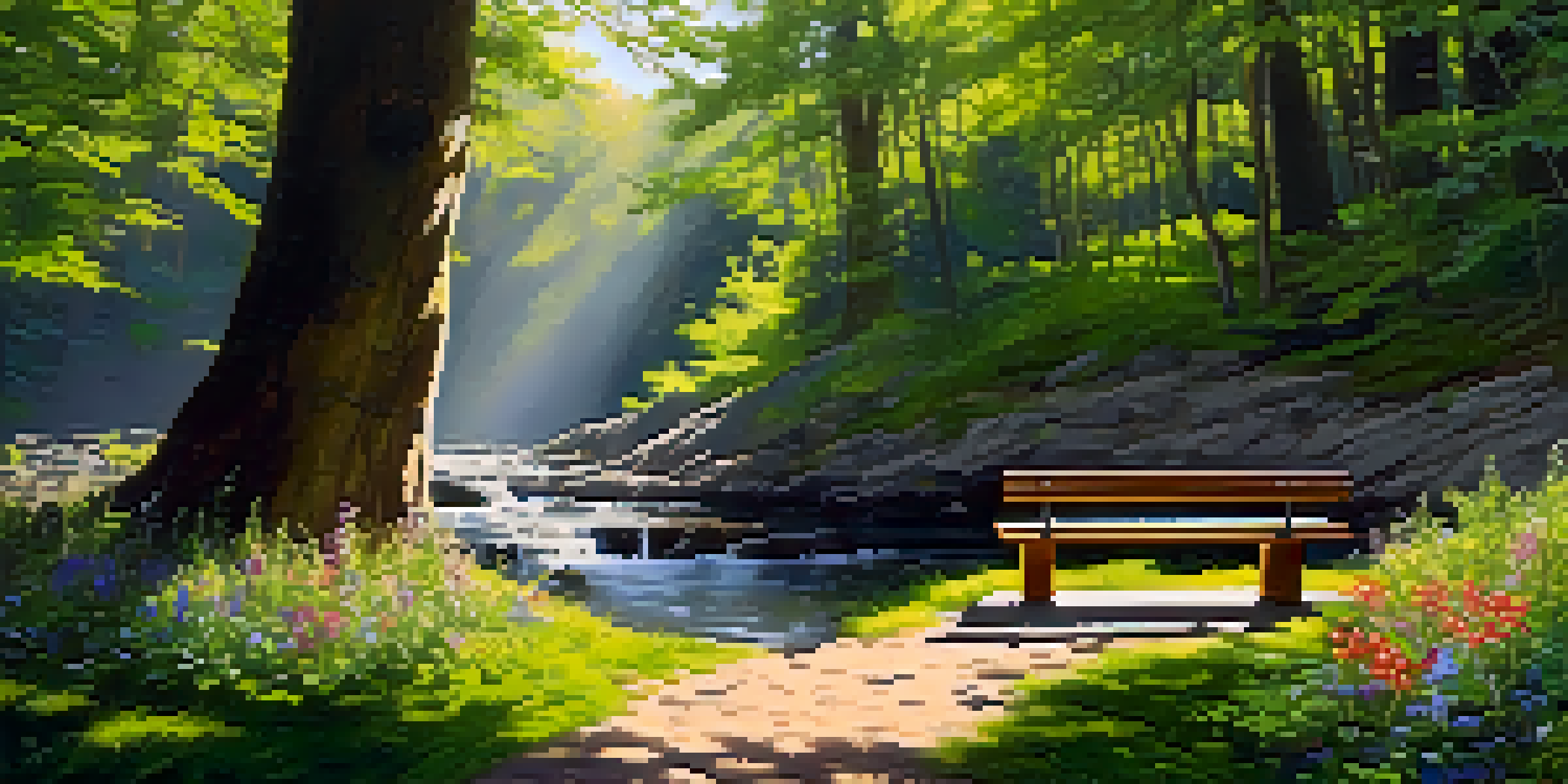 A peaceful forest scene with sunlight filtering through trees, a gentle stream, and a wooden bench surrounded by flowers.