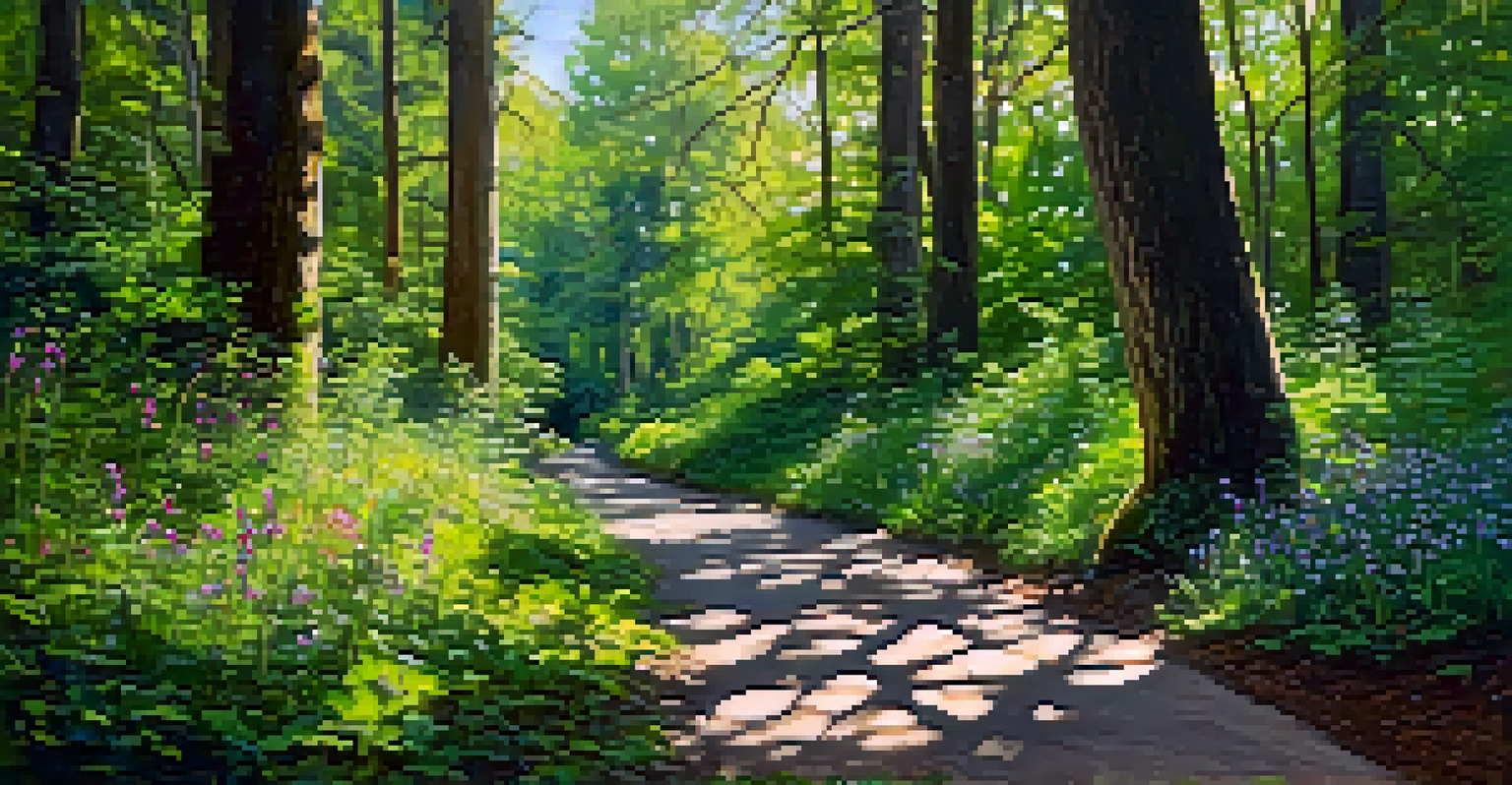 A lush forest pathway with sunlight filtering through the trees, bordered by wildflowers, and a person walking along the path.