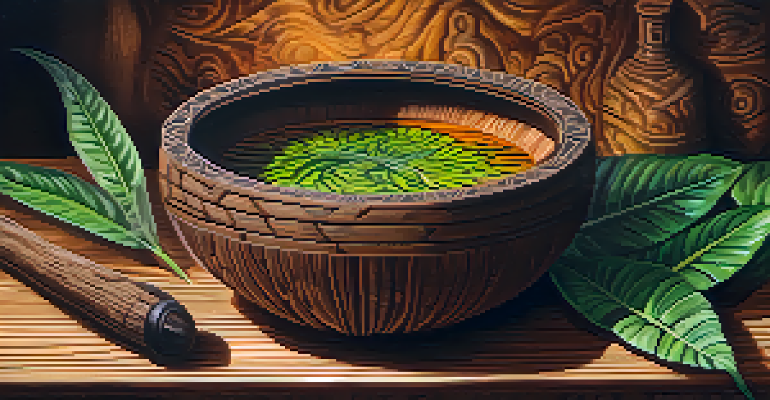 A close-up view of a traditional ayahuasca brew in a wooden bowl, surrounded by lush green plants in a warm atmosphere.