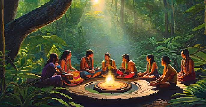 A peaceful gathering in the Amazon rainforest for an Ayahuasca ceremony, featuring participants and a wooden table with Ayahuasca brew surrounded by lush green trees.