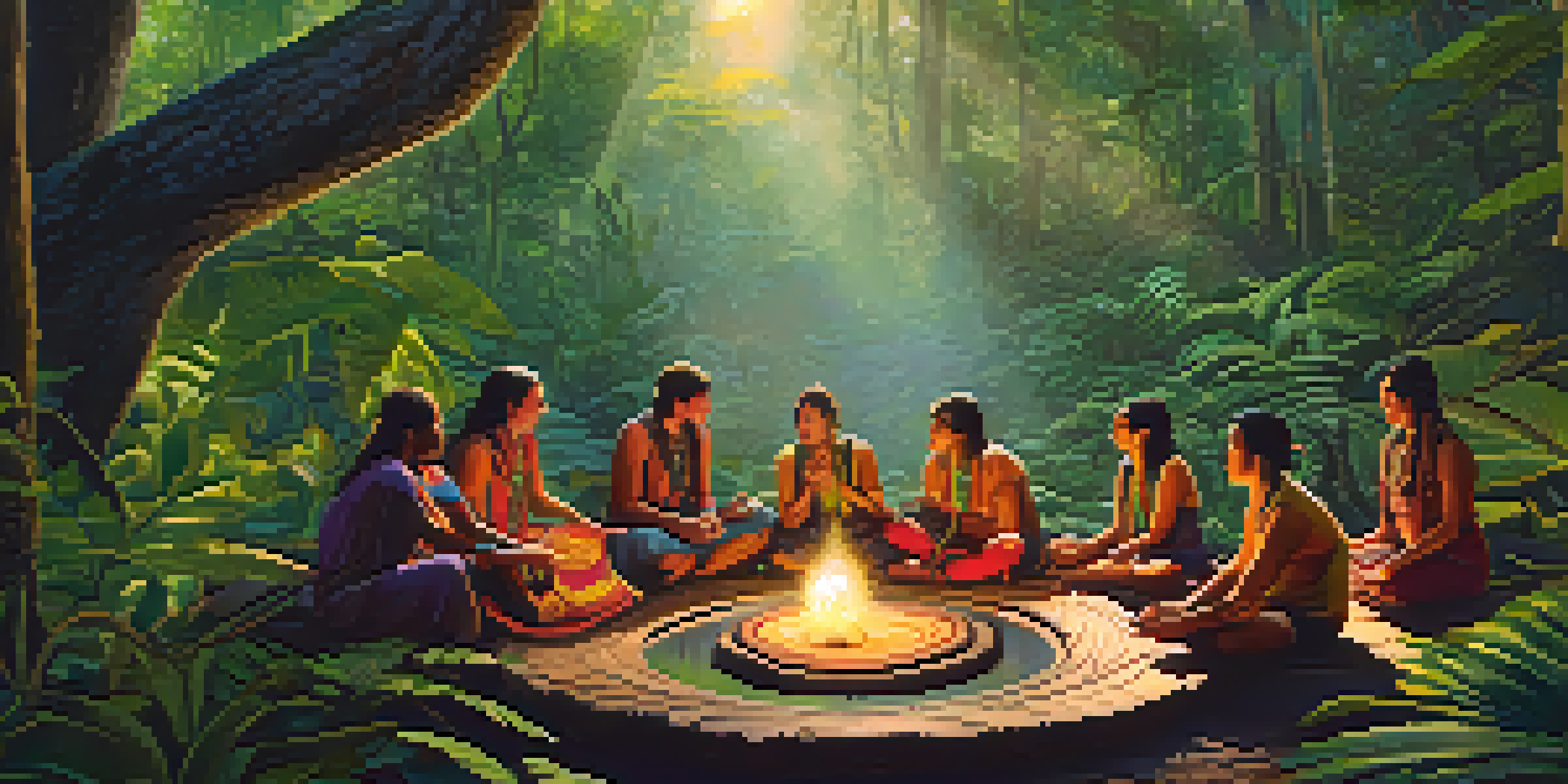 A peaceful gathering in the Amazon rainforest for an Ayahuasca ceremony, featuring participants and a wooden table with Ayahuasca brew surrounded by lush green trees.
