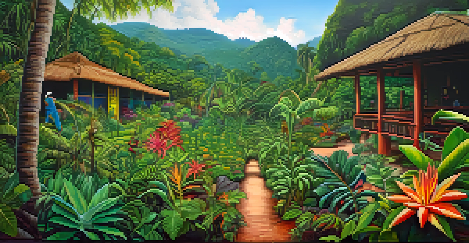 An indigenous community member tending to Ayahuasca plants in a lush tropical garden filled with colorful flowers.