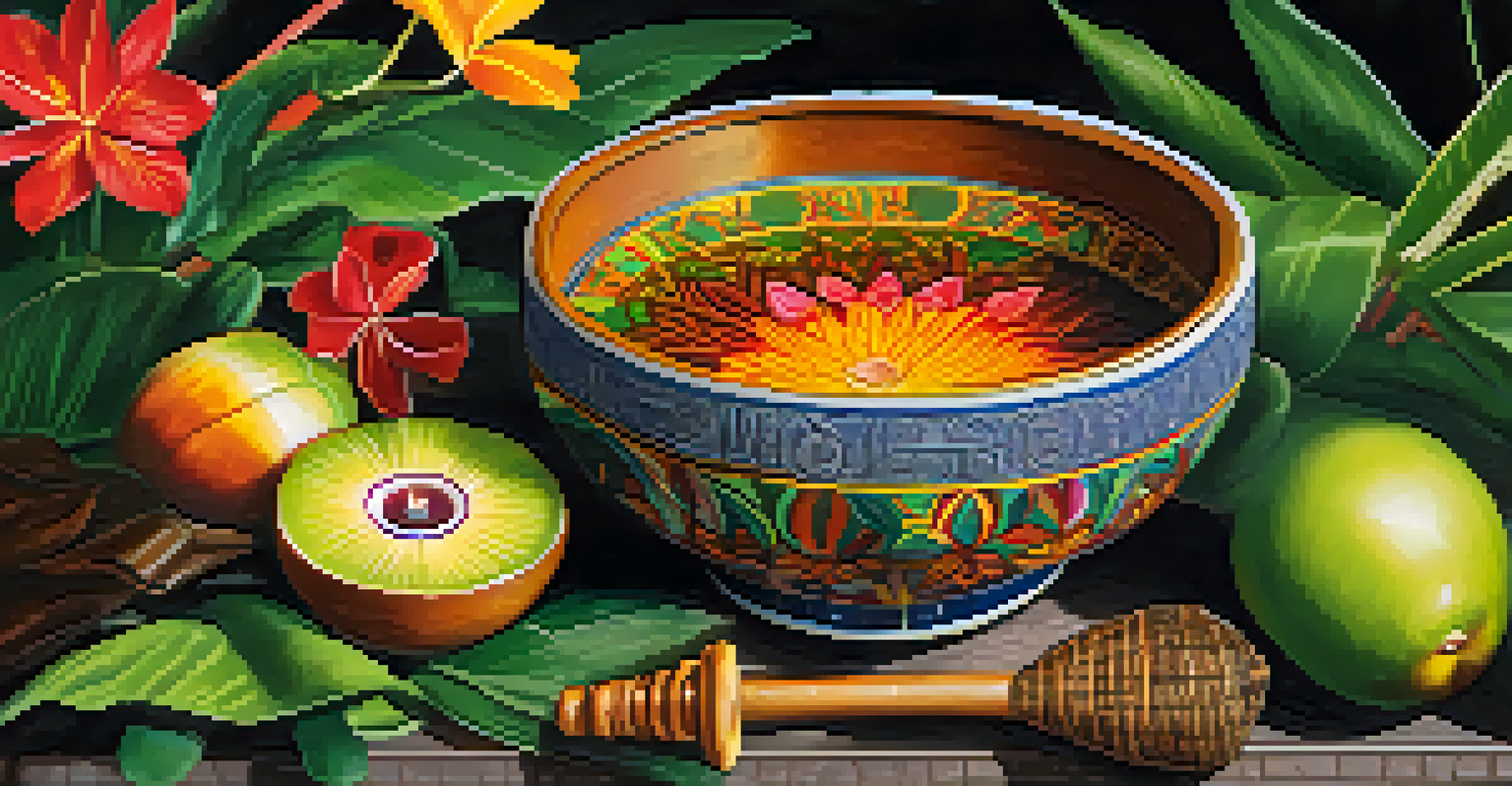 A close-up of an Ayahuasca brew in a traditional bowl, surrounded by tropical flowers and leaves in natural light.
