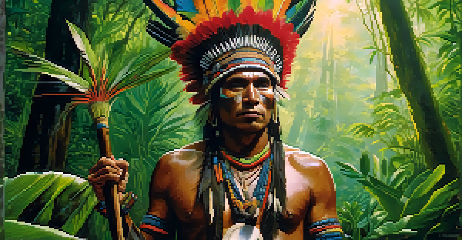 An Indigenous shaman in the Amazon rainforest, holding a ceremonial staff with sunlight filtering through the trees.