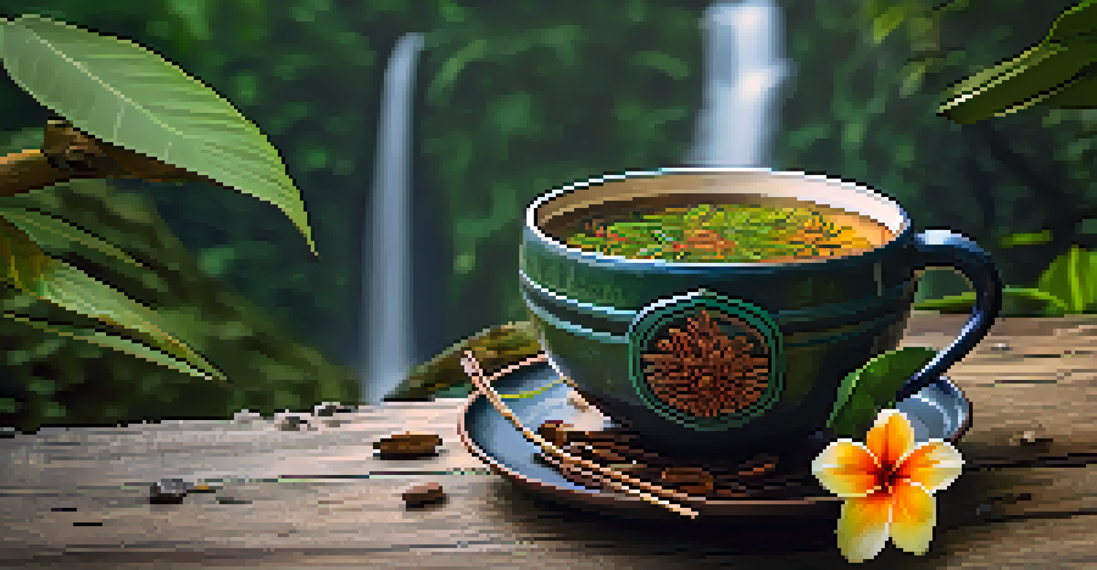 A close-up of a cup of ayahuasca brew on a wooden table, with scattered leaves and flowers and a blurred rainforest background.