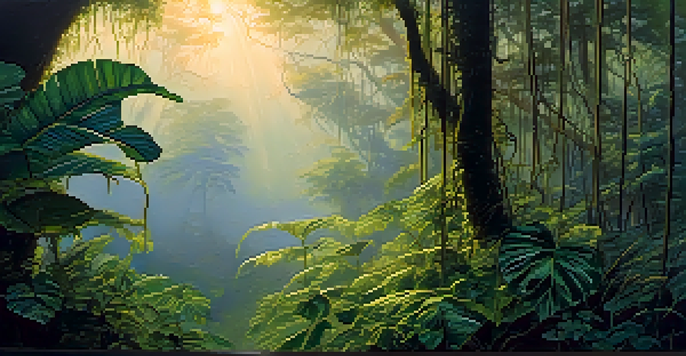 A peaceful Amazon rainforest at dawn with the Banisteriopsis caapi vine and lush greenery, illuminated by soft golden light.