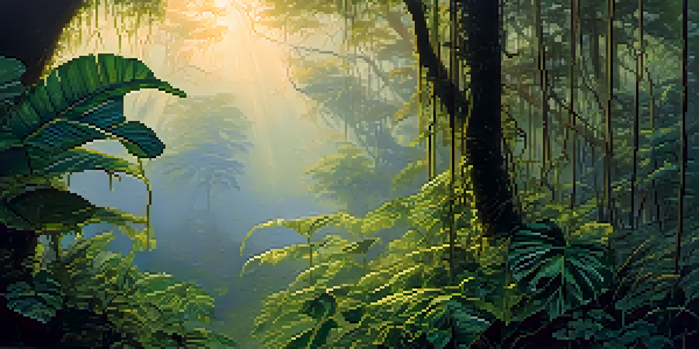 A peaceful Amazon rainforest at dawn with the Banisteriopsis caapi vine and lush greenery, illuminated by soft golden light.