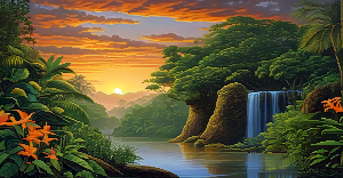 A tranquil Amazon rainforest at sunset with a river reflecting the colors of the sky and a traditional Ayahuasca brew setup in the foreground.