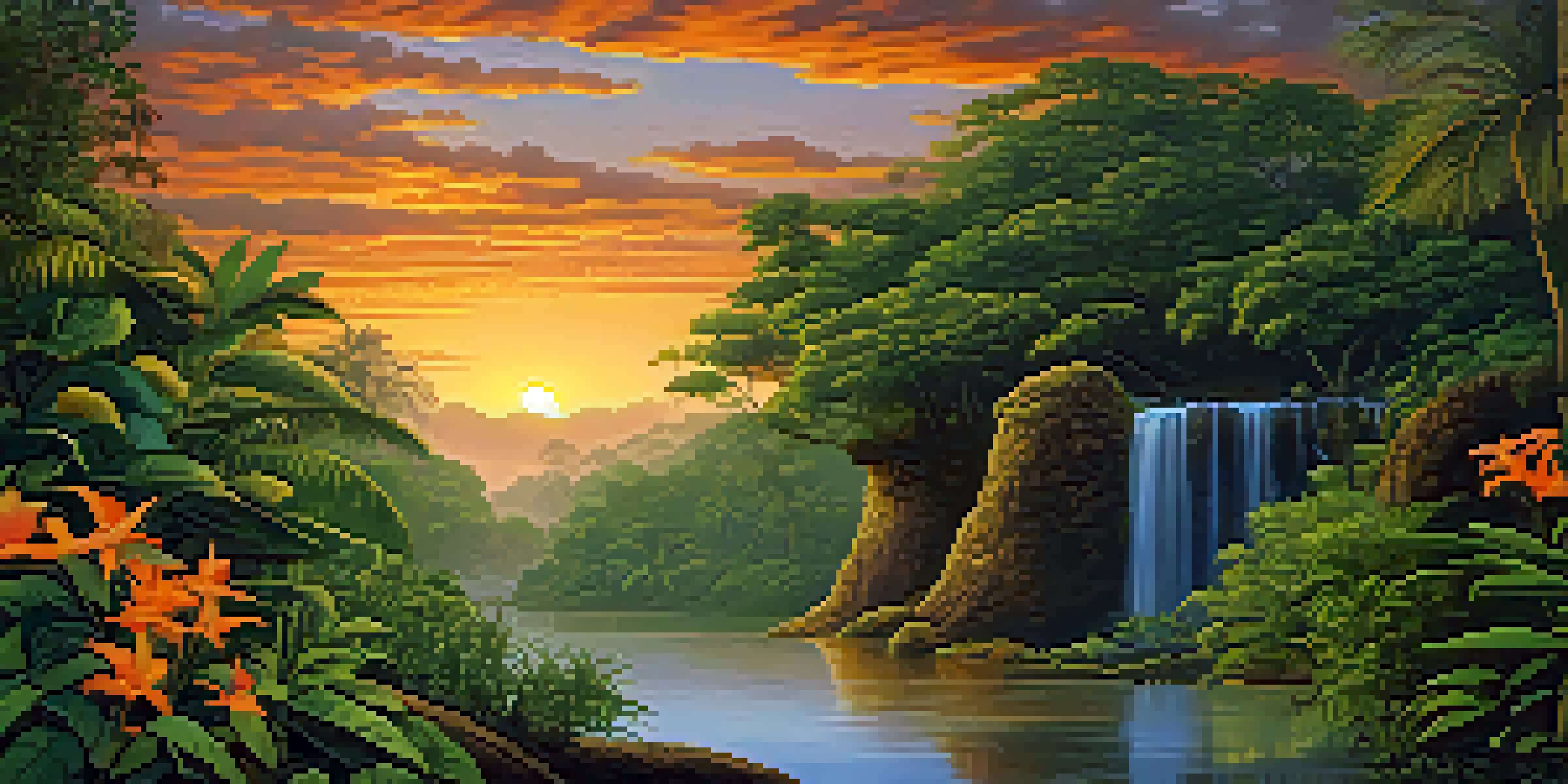 A tranquil Amazon rainforest at sunset with a river reflecting the colors of the sky and a traditional Ayahuasca brew setup in the foreground.