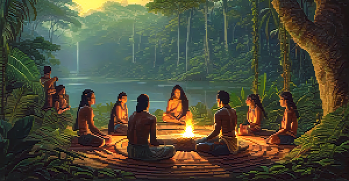 A peaceful Amazon rainforest at dawn with a group of people in a ceremonial circle around a fire, surrounded by lush greenery and mist.