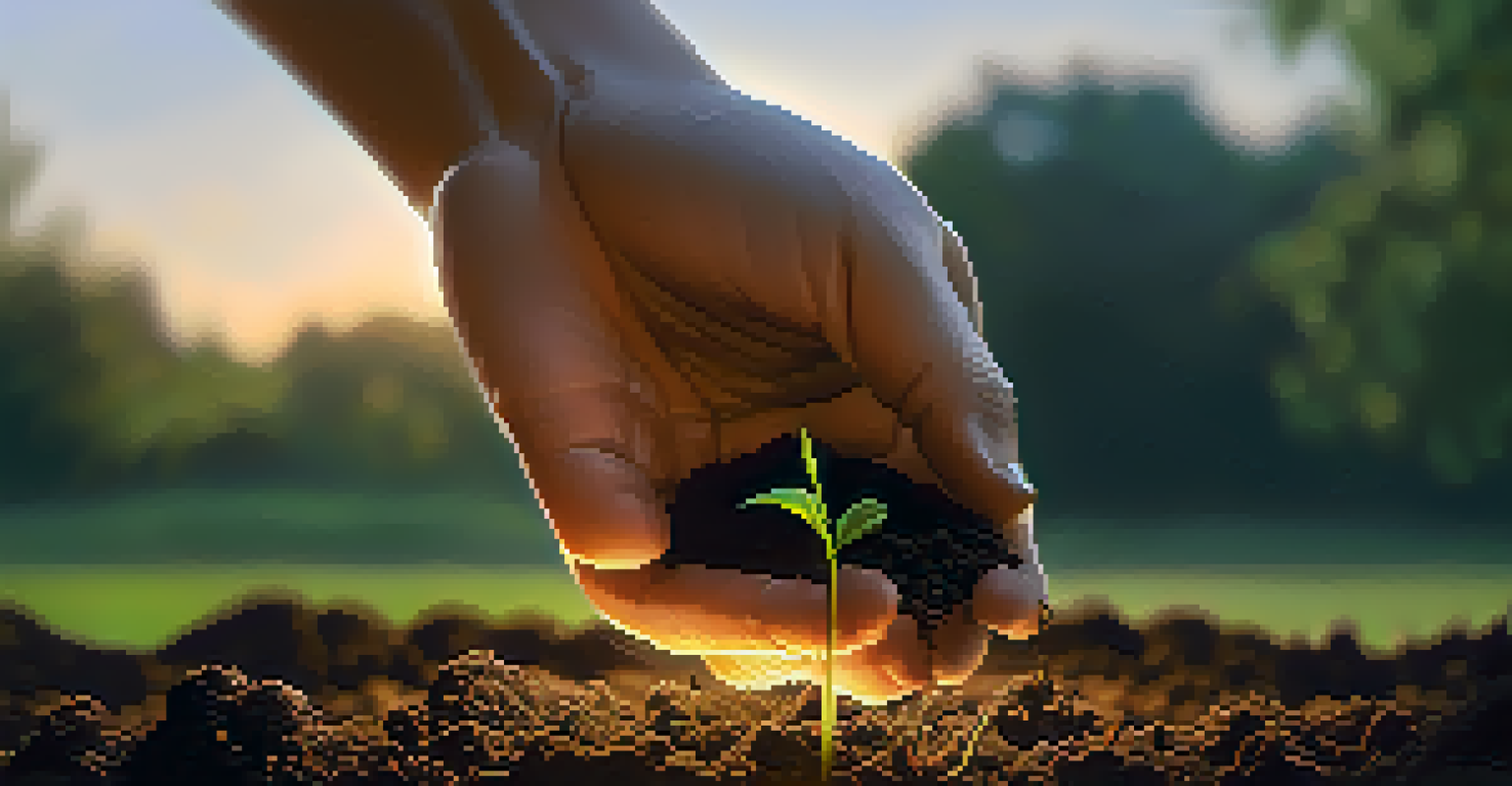 A hand planting a seed in dark soil with a soft golden light and blurred greenery in the background.