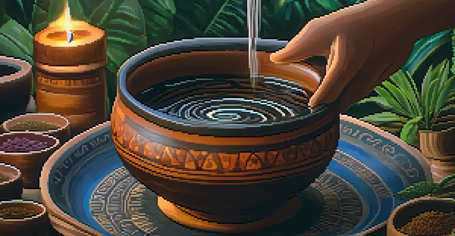 A close-up of Ayahuasca brew being poured into a clay cup, surrounded by indigenous plants and warm candlelight.