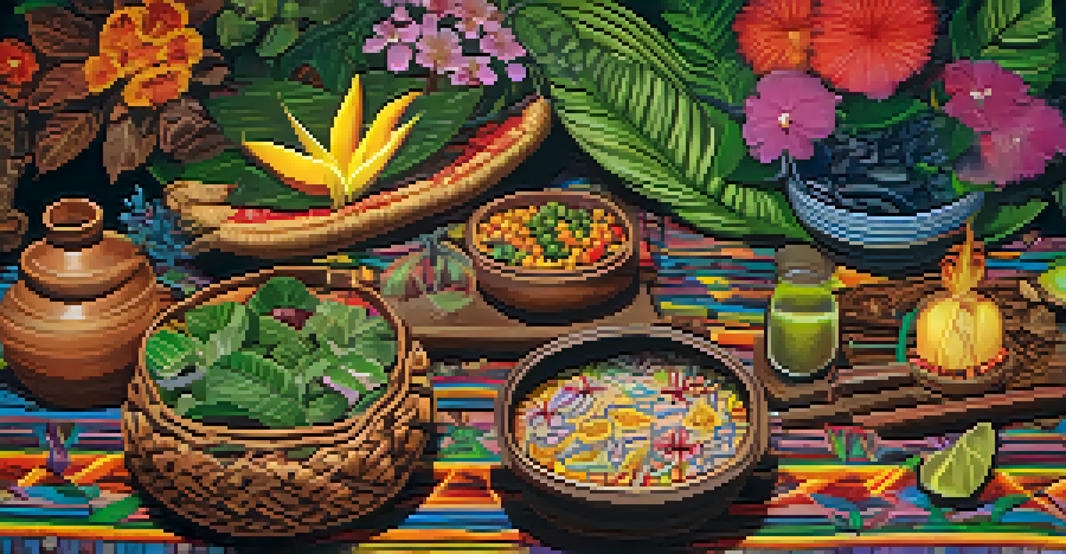 A detailed arrangement of natural elements for Ayahuasca ceremonies, including leaves and flowers on a woven cloth.