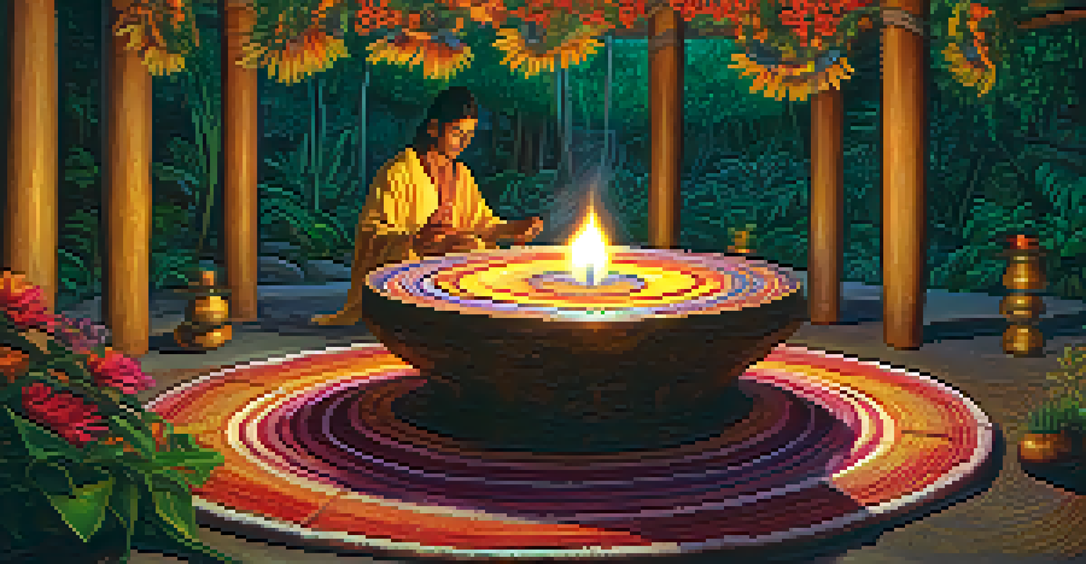 A cozy Ayahuasca ceremony setting with cushions, candles, and flowers, featuring a shaman preparing the brew.