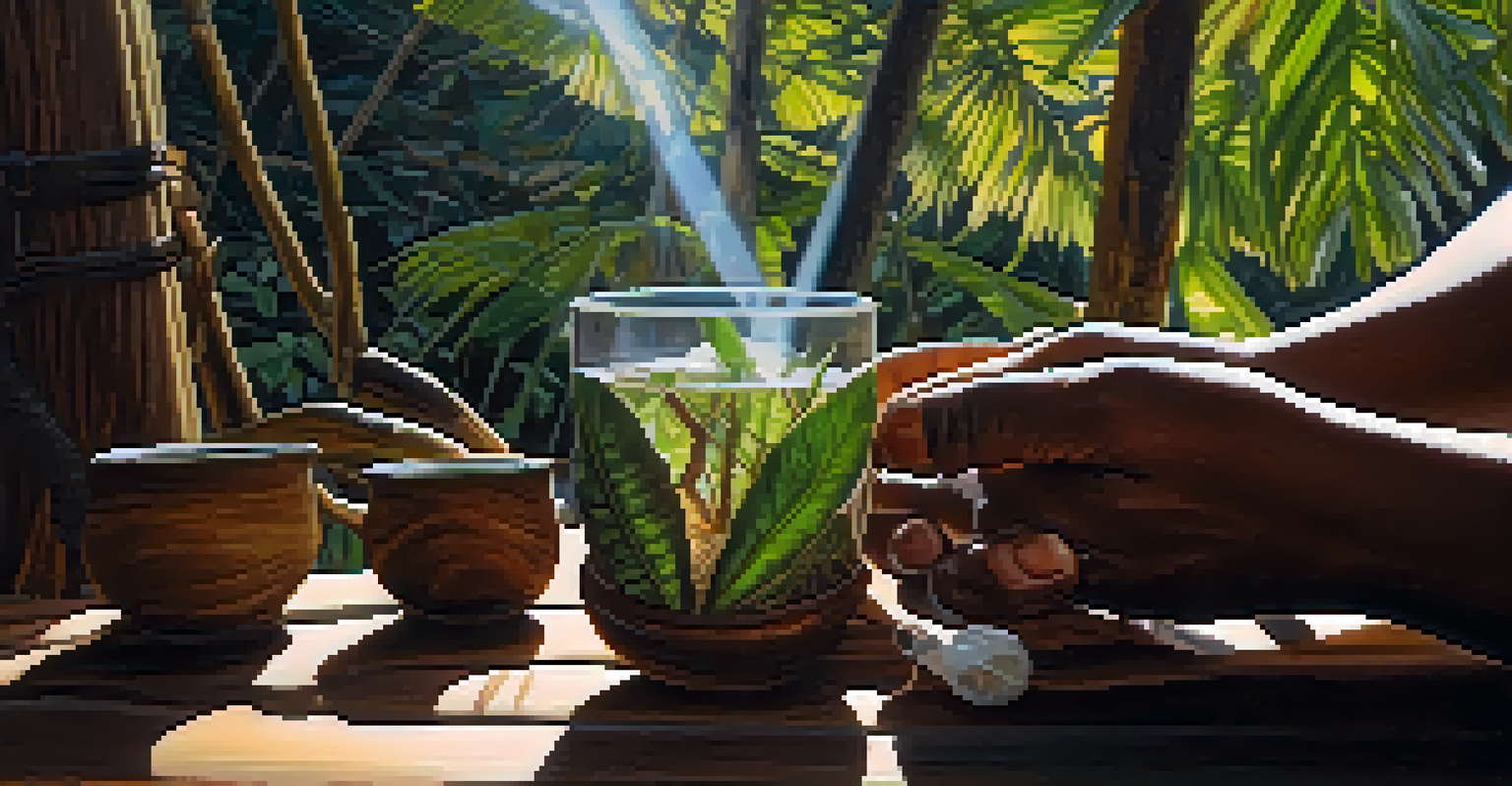 A close-up of hands holding an Ayahuasca cup surrounded by leaves and sunlight filtering through trees.