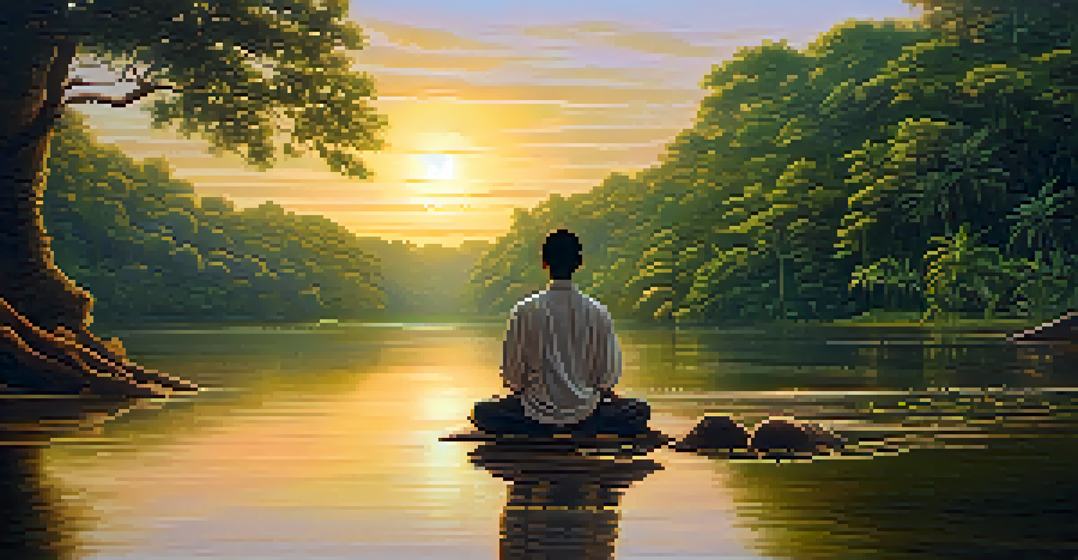 A person meditating by a river in the Amazon rainforest during sunset, surrounded by lush trees and reflecting water.